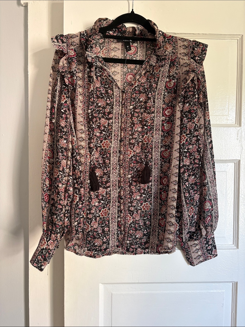 Aqua Black Floral Tassel Peasant Blouse